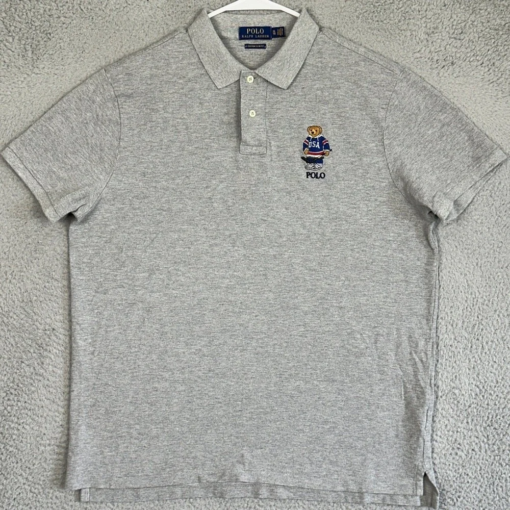 Polo Ralph Lauren Polo Shirt Mens XL Grey Polo Bear USA Hockey Custom Slim Fit